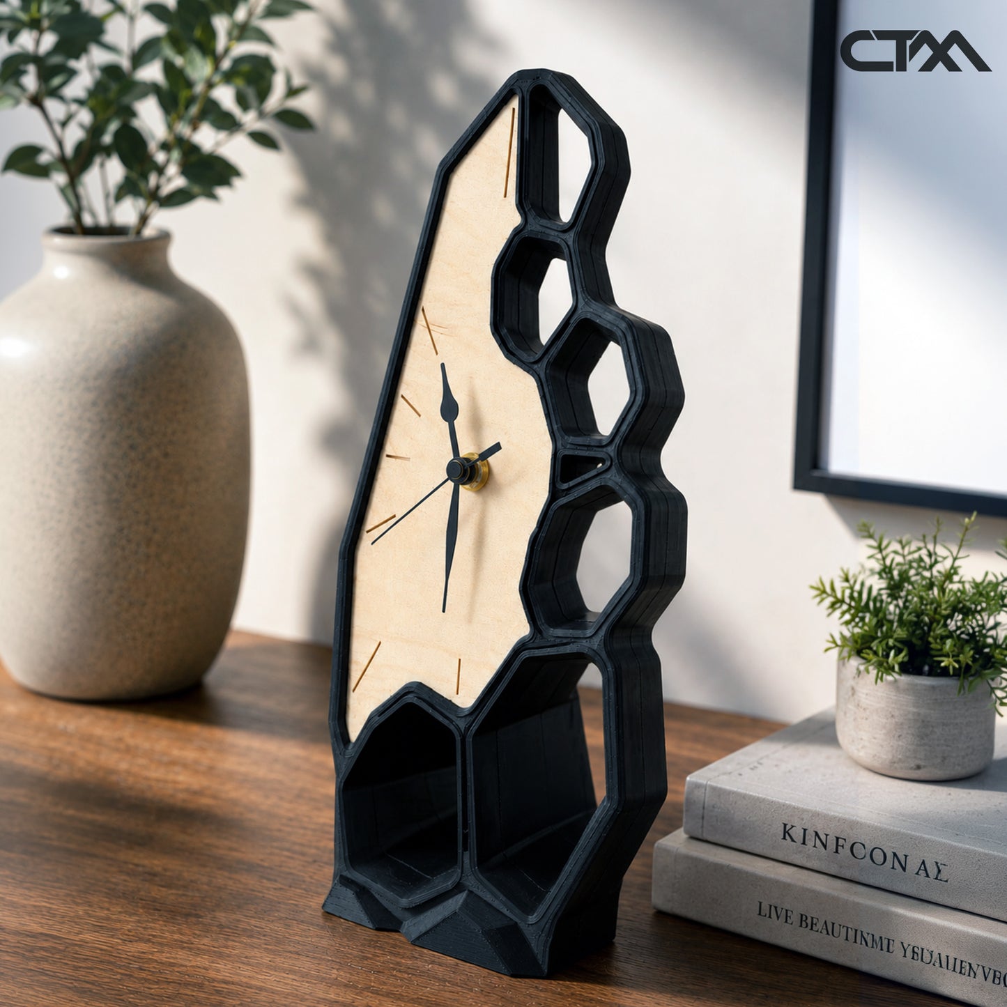 Modern Geometric Table Clock – 3D Printed & Wood Desk Clock