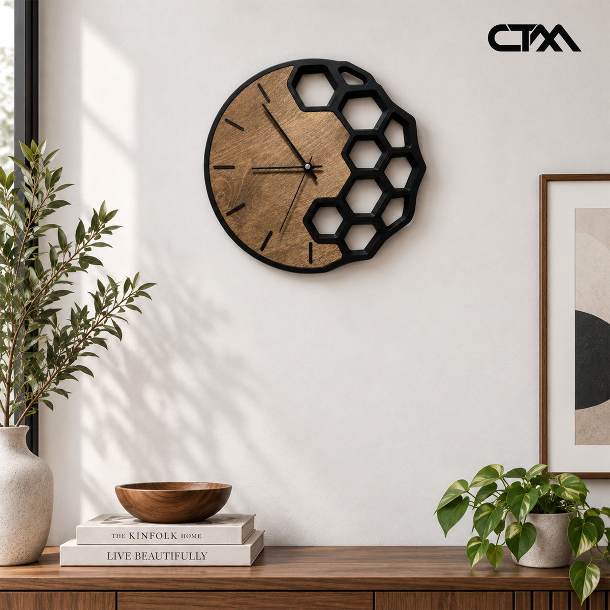 Modern Honeycomb Wood Wall Clock