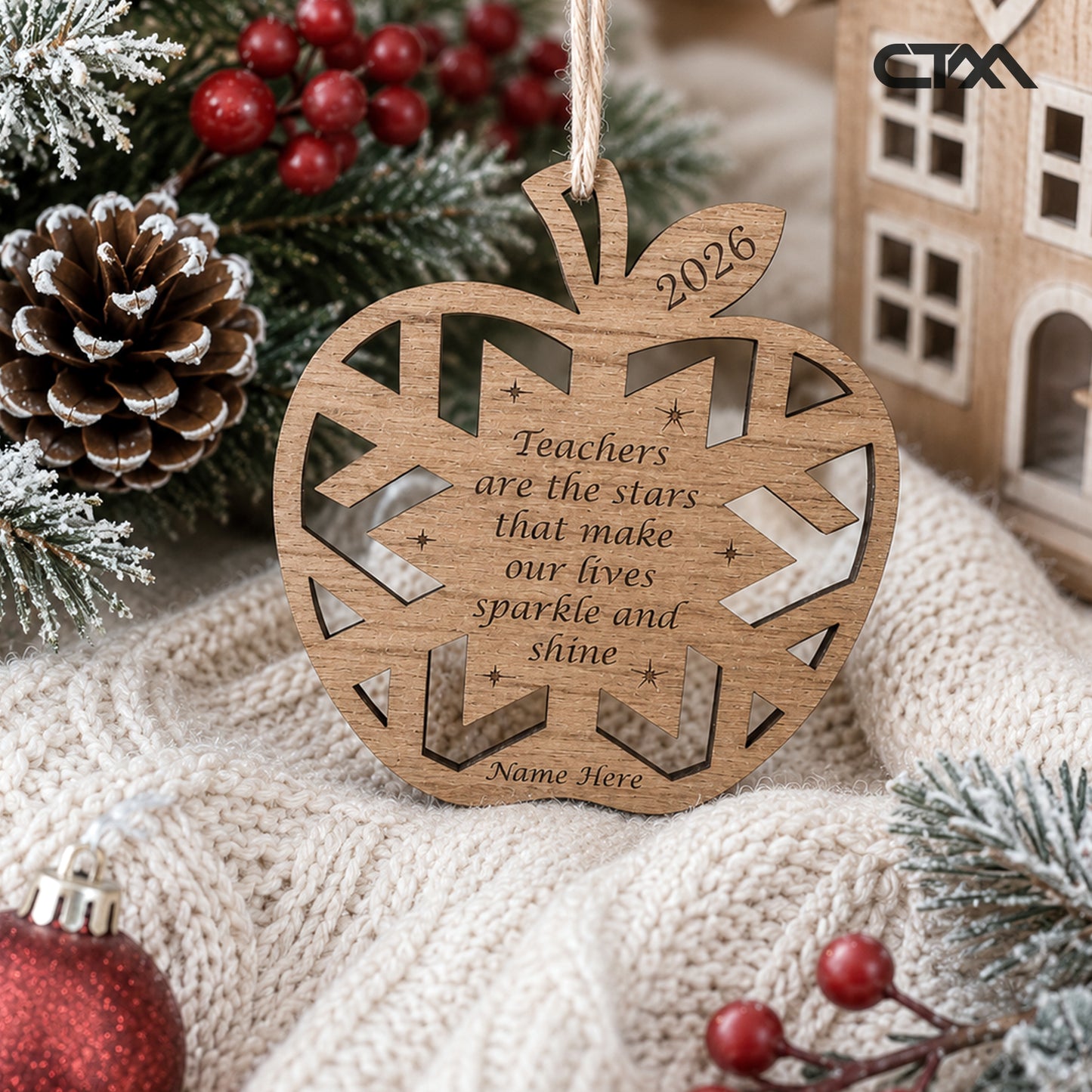 Personalized Teacher Christmas Ornament – Wooden Apple Teacher Gift