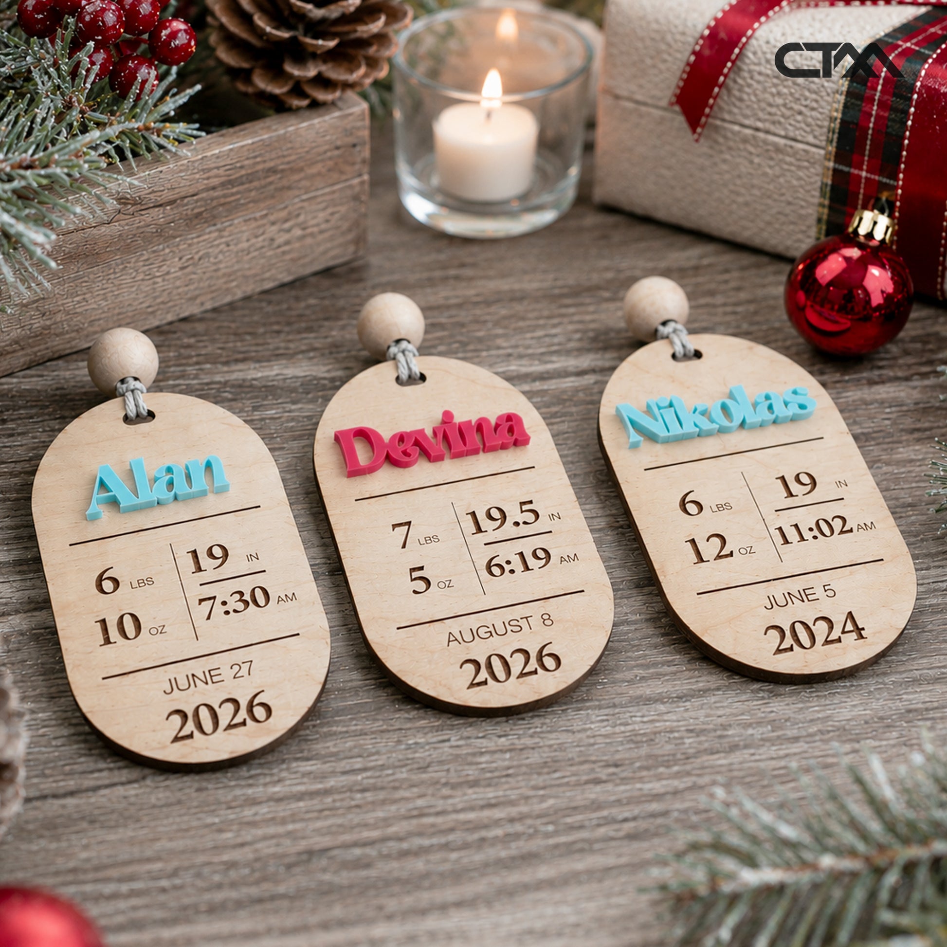 Personalized baby birth ornaments with custom names and birth details Christmas keepsakes