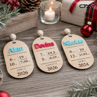 Personalized baby birth ornaments with custom names and birth details Christmas keepsakes