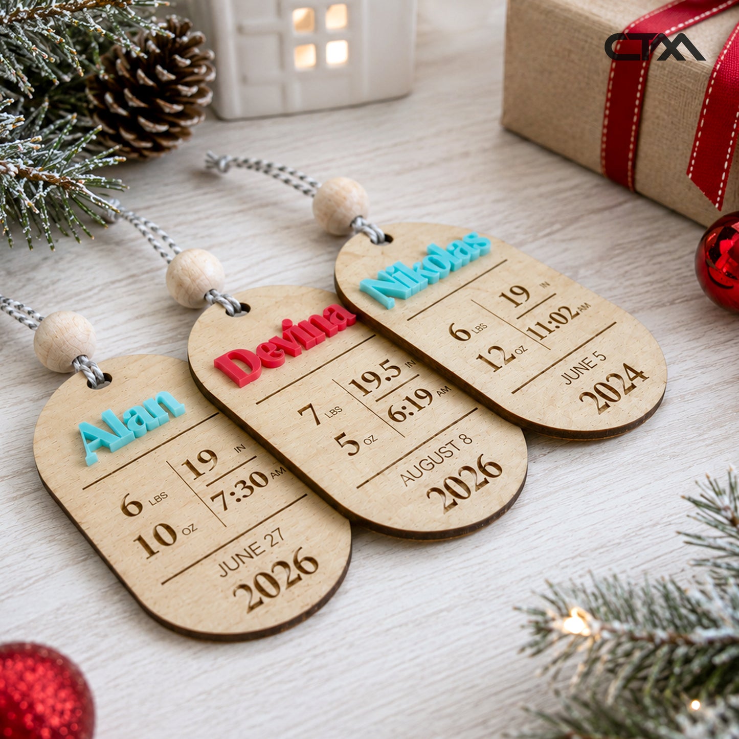 Personalized wooden baby birth ornament with name and engraved birth details