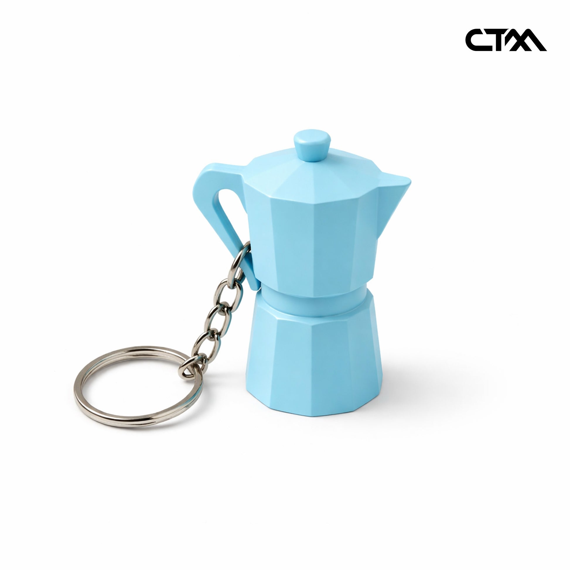 Blue coffee pot-shaped keychain on a white background