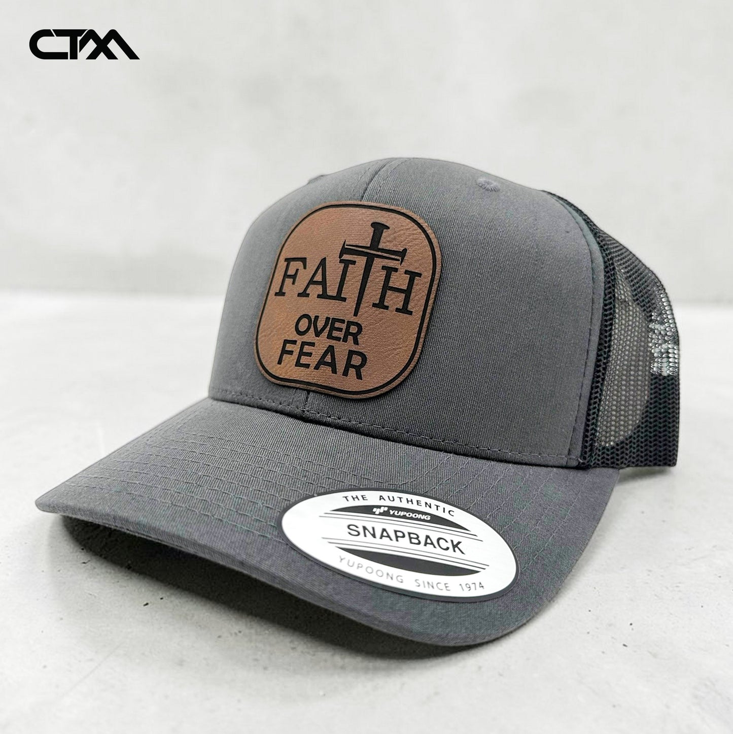 Faith Over Fear Leather Patch Trucker Hat