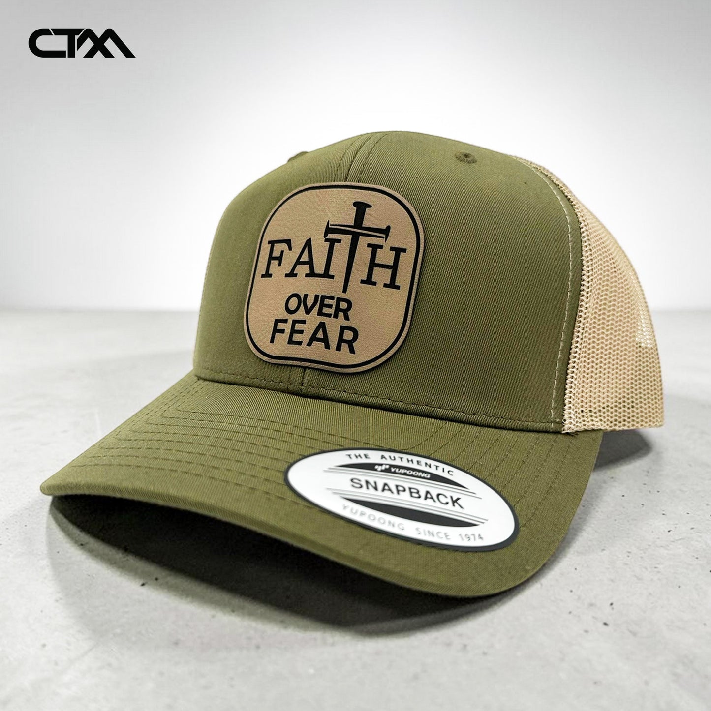 Faith Over Fear Leather Patch Trucker Hat