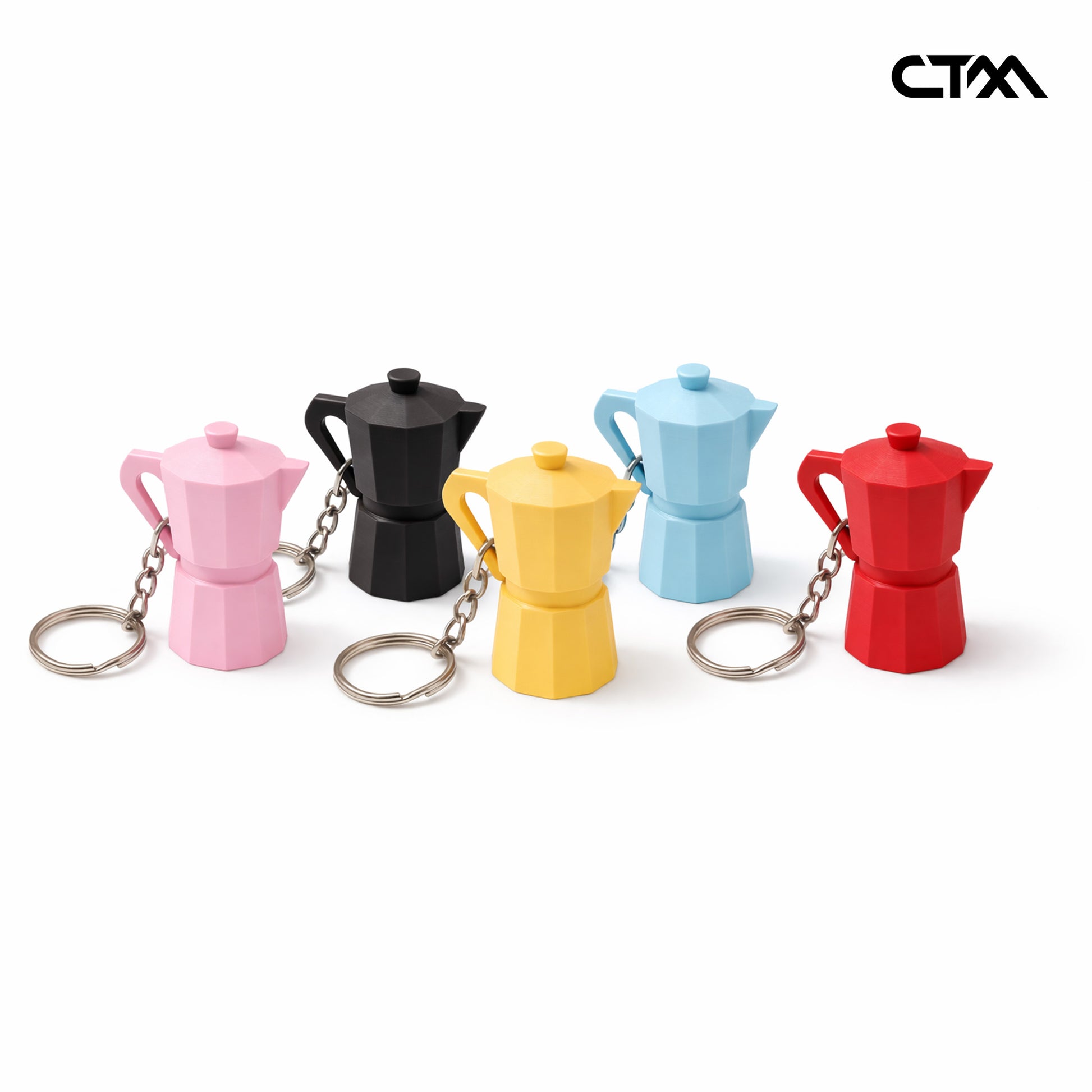 Colorful coffee pot keychains on a white background