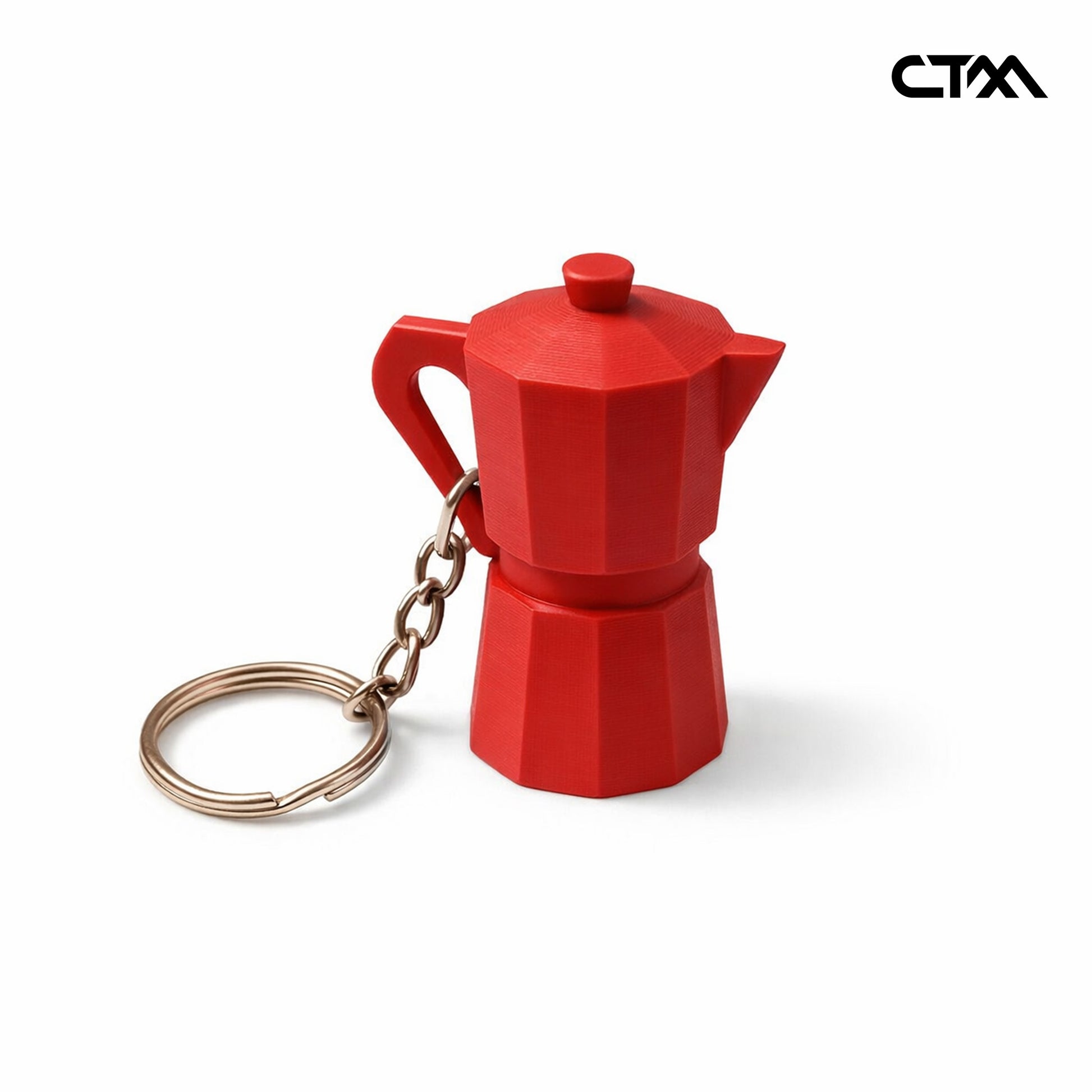Red espresso pot-shaped keychain on a white background