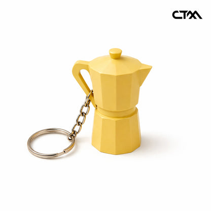 Yellow coffee pot-shaped keychain on a white background